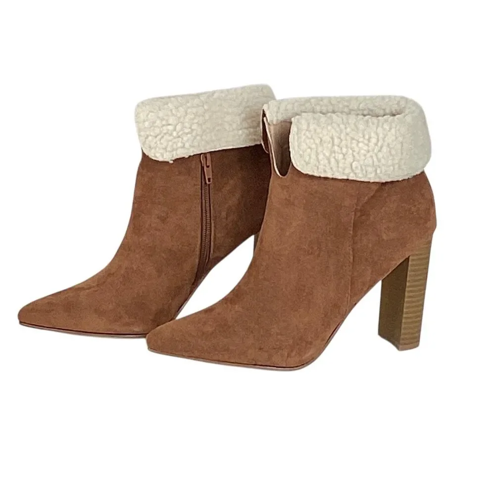 Yoki Shona Womens Brown Faux Suede Sherpa Trim Block Heel Ankle Boots Size 8